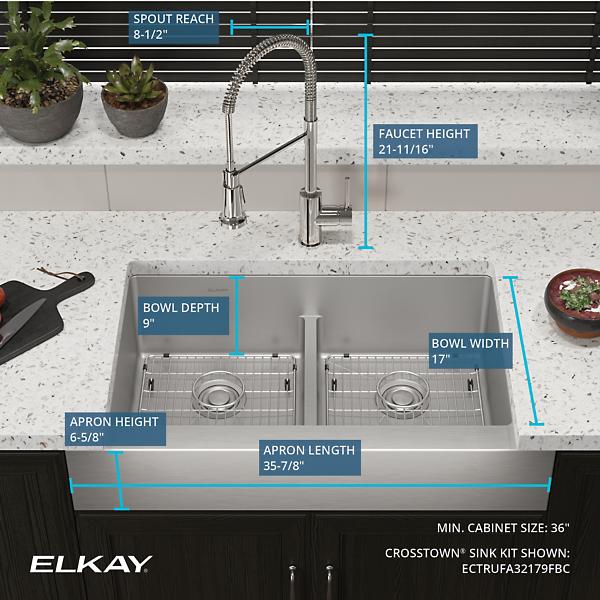 Elkay ECTRUFA32179FBC Crosstown® 18 Gauge Stainless Steel 35-7/8" x 20-1/4" x 9" Equal Double Bowl Farmhouse Sink & Faucet Kit with Aqua Divide & Bottom Grid & Drain