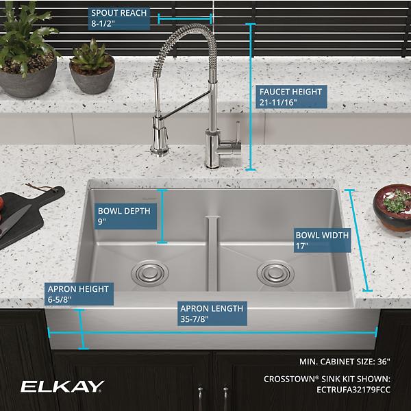 Elkay ECTRUFA32179FCC Crosstown® 18 Gauge Stainless Steel 35-7/8" x 20-1/4" x 9" Equal Double Bowl Farmhouse Sink & Faucet Kit with Aqua Divide & Drain