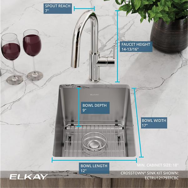 Elkay ECTRU12179TFCBC Crosstown® 18 Gauge Stainless Steel 13-1/2" x 18-1/2" x 9" Single Bowl Undermount Bar Sink & Faucet Kit with Bottom Grid & Drain