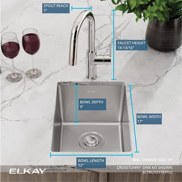 Elkay ECTRU12179TFCC Crosstown® 18 Gauge Stainless Steel 13-1/2" x 18-1/2" x 9" Single Bowl Undermount Bar Sink & Faucet Kit with Drain