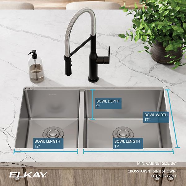 Elkay ECTRU32179LT Crosstown® 18 Gauge Stainless Steel 31-1/2" x 18-1/2" x 9" 40/60 Double Bowl Undermount Sink