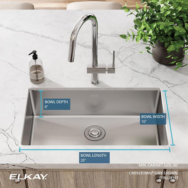 Elkay EFRU2816T Crosstown® 16 Gauge Stainless Steel 30-1/2" x 18-1/2" x 8" Single Bowl Undermount Sink