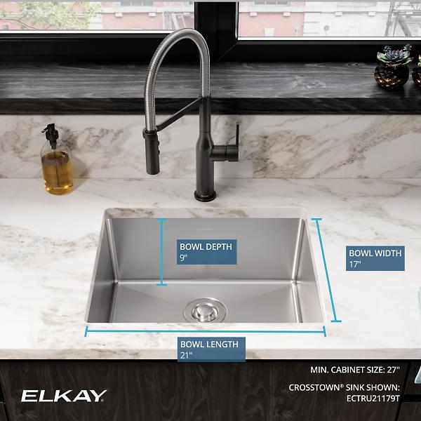 Elkay ECTRU21179T Crosstown® 18 Gauge Stainless Steel 22-1/2" x 18-1/2" x 9" Single Bowl Undermount Sink