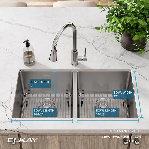 Elkay ECTRU31179TC Crosstown® 18 Gauge Stainless Steel 31-1/2" x 18-1/2" x 9" Equal Double Bowl Undermount Sink Kit