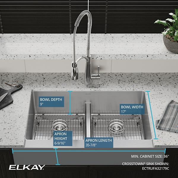 Elkay ECTRUFA32179C Crosstown® 18 Gauge Stainless Steel 35-7/8" x 20-1/4" x 9" Equal Double Bowl Farmhouse Sink Kit with Aqua Divide