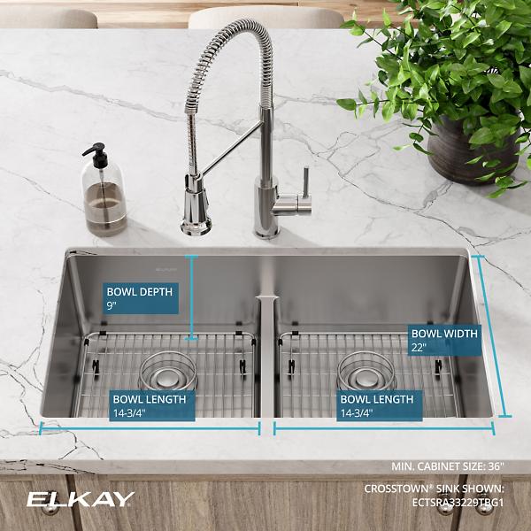 Elkay ECTSRA33229TBG Crosstown 18 Gauge Stainless Steel 33" x 22" x 9" Equal Double Bowl Dual Mount Sink Kit with Aqua Divide