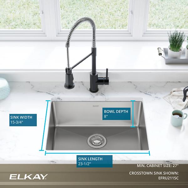 Elkay EFRU2115T Crosstown® 16 Gauge Stainless Steel 23-1/2" x 18-1/4" x 8" Single Bowl Undermount Sink