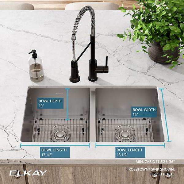 Elkay EFRU311810TC Crosstown® 16 Gauge Stainless Steel 30-3/4" x 18-1/2" x 10" Equal Double Bowl Undermount Sink Kit