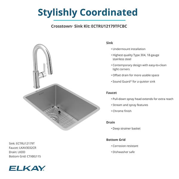 Elkay ECTRU12179TFCBC Crosstown® 18 Gauge Stainless Steel 13-1/2" x 18-1/2" x 9" Single Bowl Undermount Bar Sink & Faucet Kit with Bottom Grid & Drain