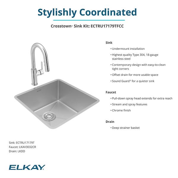 Elkay ECTRU17179TFCC Crosstown® 18 Gauge Stainless Steel 18-1/2" x 18-1/2" x 9" Single Bowl Undermount Sink & Faucet Kit with Drain