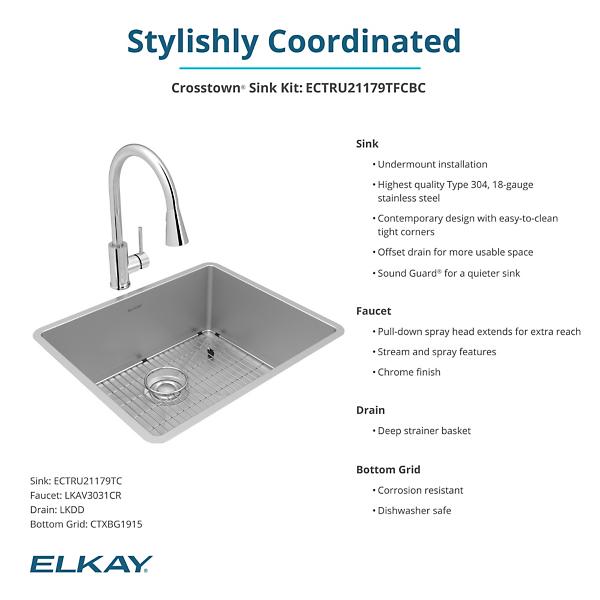 Elkay ECTRU21179TFCBC Crosstown® 18 Gauge Stainless Steel 22-1/2" x 18-1/2" x 9" Single Bowl Undermount Sink & Faucet Kit with Bottom Grid & Drain