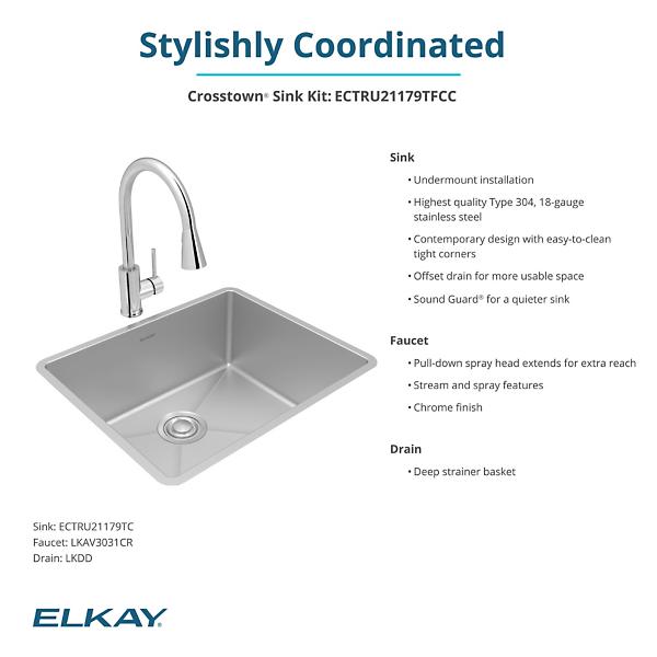 Elkay ECTRU21179TFCC Crosstown® 18 Gauge Stainless Steel 22-1/2" x 18-1/2" x 9" Single Bowl Undermount Sink & Faucet Kit with Drain