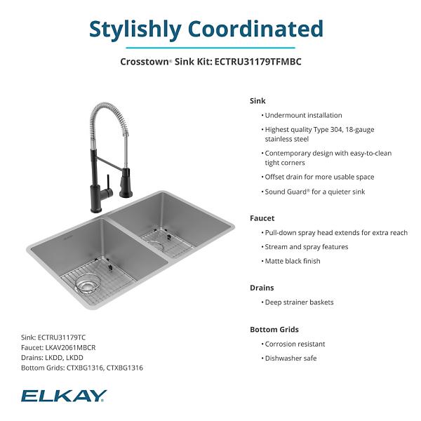 Elkay ECTRU31179TFMBC Crosstown® 18 Gauge Stainless Steel 31-1/2" x 18-1/2" x 9" Equal Double Bowl Undermount Sink & Faucet Kit with Bottom Grid & Drain