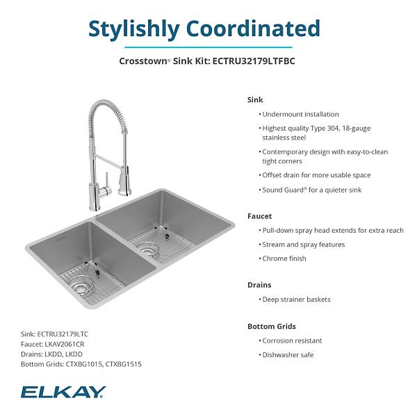 Elkay ECTRU32179LTFBC Crosstown® 18 Gauge Stainless Steel 31-1/2" x 18-1/2" x 9" 40/60 Double Bowl Undermount Sink & Faucet Kit with Bottom Grid & Drain