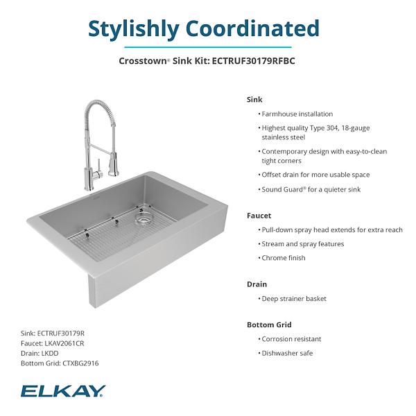 Elkay ECTRUF30179RFBC Crosstown® 18 Gauge Stainless Steel 35-7/8" x 20-1/4" x 9" Single Bowl Farmhouse Sink & Faucet Kit with Bottom Grid & Drain