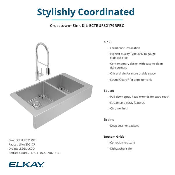 Elkay ECTRUF32179RFBC Crosstown® 18 Gauge Stainless Steel 35-7/8" x 20-1/4" x 9" 60/40 Double Bowl Farmhouse Sink & Faucet Kit with Bottom Grid & Drain