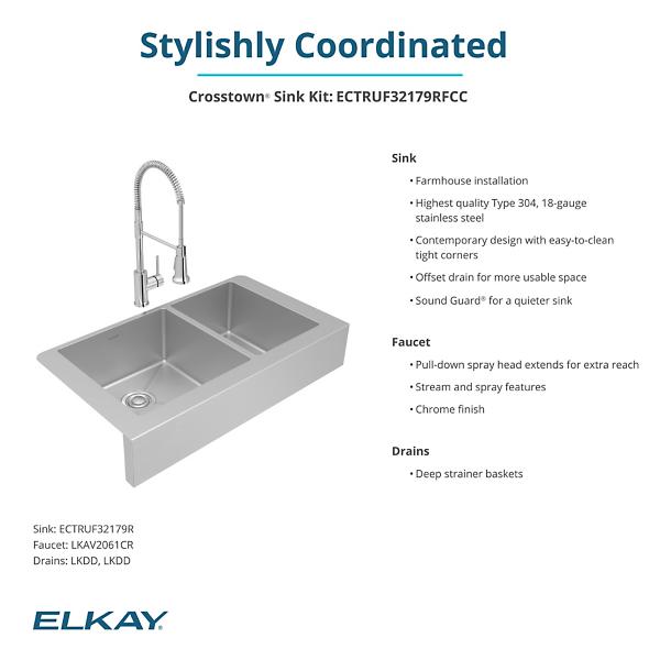 Elkay ECTRUF32179RFCC Crosstown® 18 Gauge Stainless Steel 35-7/8" x 20-1/4" x 9" 60/40 Double Bowl Farmhouse Sink & Faucet Kit with Drain