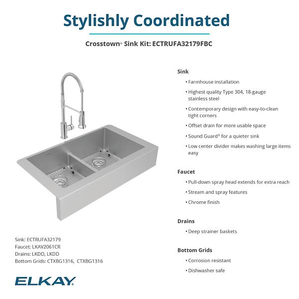 Elkay ECTRUFA32179FBC Crosstown® 18 Gauge Stainless Steel 35-7/8" x 20-1/4" x 9" Equal Double Bowl Farmhouse Sink & Faucet Kit with Aqua Divide & Bottom Grid & Drain