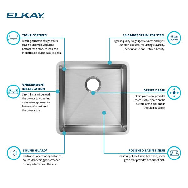 Elkay ECTRU17179T Crosstown® 18 Gauge Stainless Steel 18-1/2" x 18-1/2" x 9" Single Bowl Undermount Sink