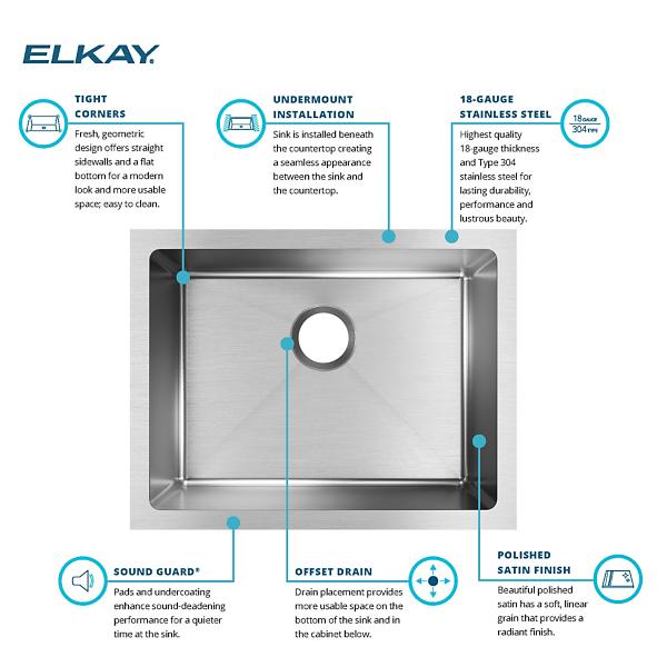 Elkay EFRU211510T Crosstown® 16 Gauge Stainless Steel 23-1/2" x 18-1/4" x 10" Single Bowl Undermount Sink