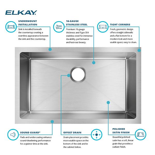 Elkay EFRU281610T Crosstown® 16 Gauge Stainless Steel 30-1/2" x 18-1/2" x 10" Single Bowl Undermount Sink