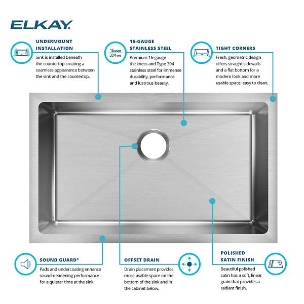 Elkay EFRU2816T Crosstown® 16 Gauge Stainless Steel 30-1/2" x 18-1/2" x 8" Single Bowl Undermount Sink