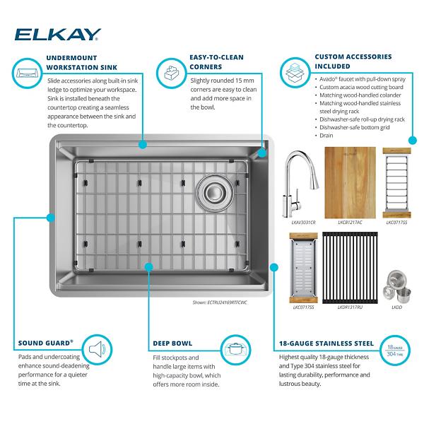 Elkay ECTRU24169RTFCW Crosstown® 18 Gauge Workstation Stainless Steel 25-1/2" x 18-1/2" x 9" Single Bowl Undermount Sink & Faucet Kit