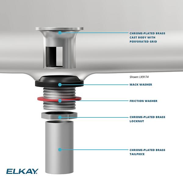 Elkay LK174 1-1/2" Drain Fitting Chrome Plated Brass with Perforated Grid and Tailpiece