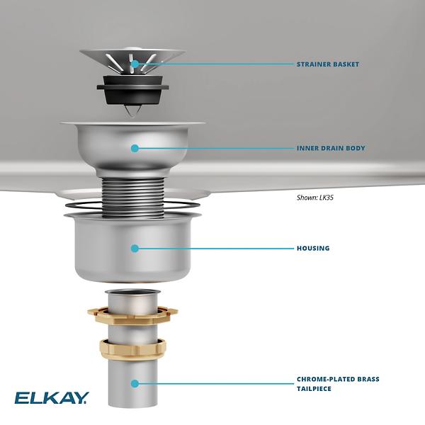 Elkay LK35 3-1/2" Drain Fitting Type 304 Stainless Steel Body Strainer Basket and Tailpiece