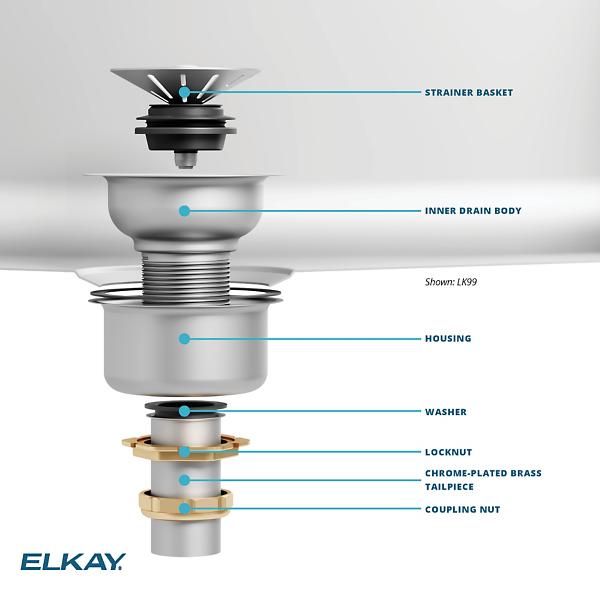 Elkay LK99S Deluxe 3-1/2" Drain with Satin Finish Type 304 Stainless Steel Body Strainer Basket Rubber Seal and Tailpiece