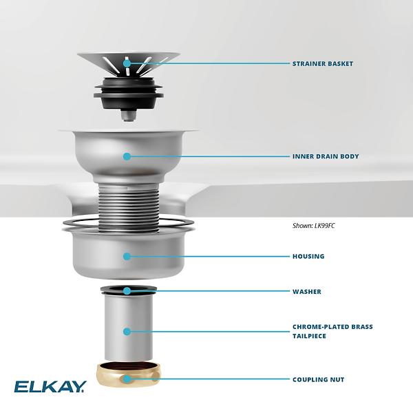 Elkay LK99FCS Deluxe Drain Kit with Satin Finish 3-1/2 Type 304 Stainless Steel Body for Fireclay Sinks