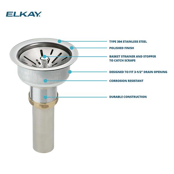 Elkay LK35 3-1/2" Drain Fitting Type 304 Stainless Steel Body Strainer Basket and Tailpiece