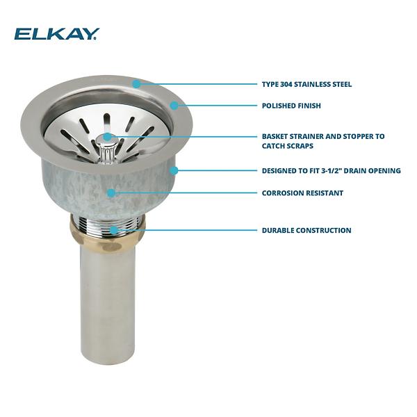 Elkay LK99S Deluxe 3-1/2" Drain with Satin Finish Type 304 Stainless Steel Body Strainer Basket Rubber Seal and Tailpiece