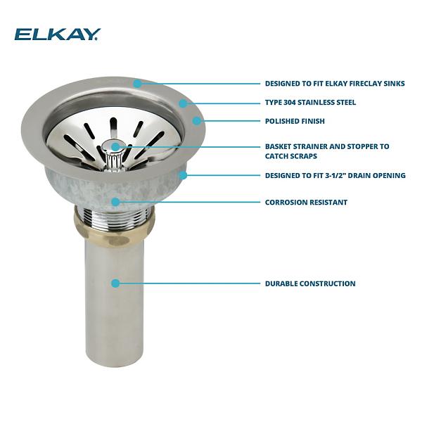 Elkay LK99FCS Deluxe Drain Kit with Satin Finish 3-1/2 Type 304 Stainless Steel Body for Fireclay Sinks