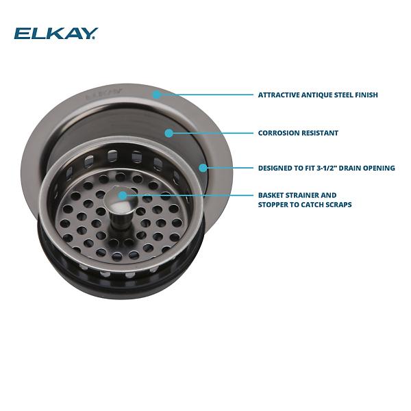 Elkay LKD35AS 3-1/2" Drain Fitting Antique Steel Finish Disposer Flange and Removable Strainer