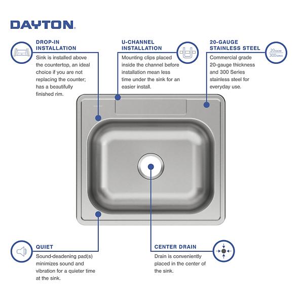 Elkay DSE12522 Dayton® Stainless Steel 25" x 22" x 8-1/16" Single Bowl Drop-in Sink