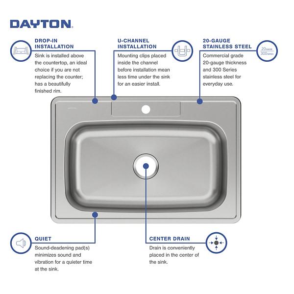 Elkay DSE13322 Dayton® Stainless Steel 33" x 22" x 8-1/16" Single Bowl Drop-in Sink