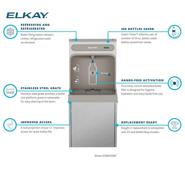 Elkay EZ8WSSSMC ezH2O® Refrigerated Surface Mount Bottle Filling Station Non-Filtered 8GPH Stainless Steel