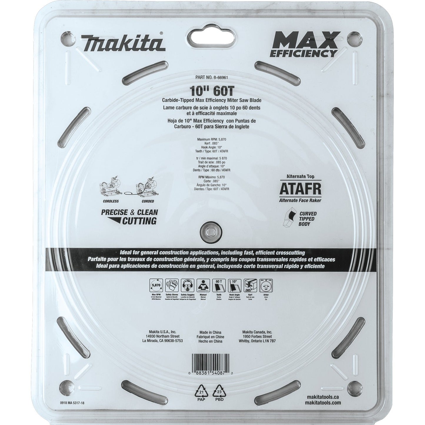 Makita B-66961 10" 60T Carbide‘Tipped Max Efficiency Miter Saw Blade