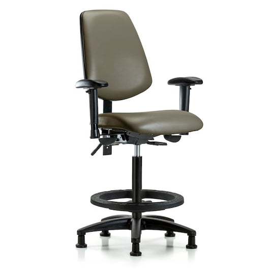 Blue Ridge Ergonomics VHBCH-MB-RG-T1-A1-BF-RG-8809 Rutledge Vinyl Chair - High Bench Height with Medium Back, Seat Tilt, Adjustable Arms, Black Foot Ring, & Stationary Glides in Taupe Supernova™ Vinyl