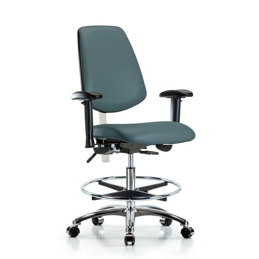 Blue Ridge Ergonomics NCR-VMBCH-MB-CR-T0-A1-CF-CC-8546 Class 100 Vinyl Clean Room Chair - Medium Bench Height with Medium Back, Adjustable Arms, Chrome Foot Ring, & Casters in Colonial Blue Trailblazer™ Vinyl