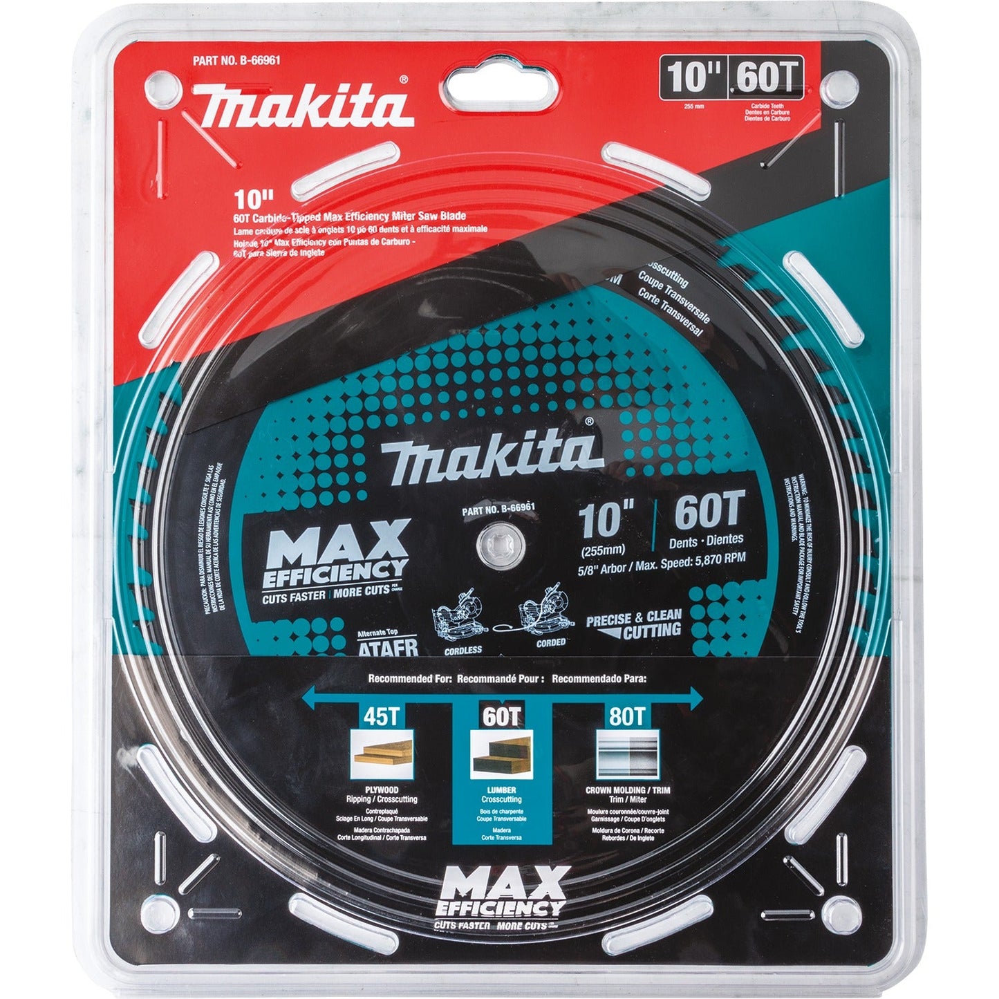 Makita B-66961 10" 60T Carbide‘Tipped Max Efficiency Miter Saw Blade