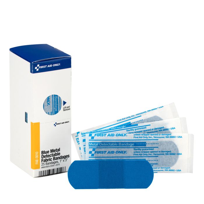 First Aid Only FAE-3010 SC Refill 1"x3" Blue Metal Detectable Bandages, 25/box