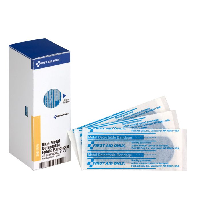 First Aid Only FAE-3010 SC Refill 1"x3" Blue Metal Detectable Bandages, 25/box