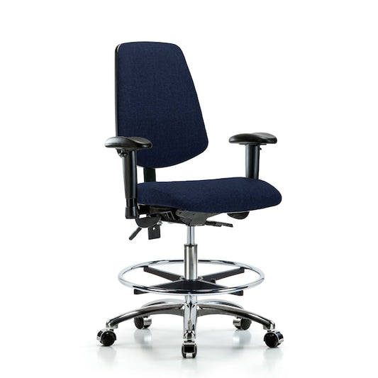 Blue Ridge Ergonomics FMBCH-MB-CR-T0-A1-CF-CC-F45 Rutledge Fabric Chair Chrome - Medium Bench Height with Medium Back, Adjustable Arms, Chrome Foot Ring, & Casters in Navy Fabric