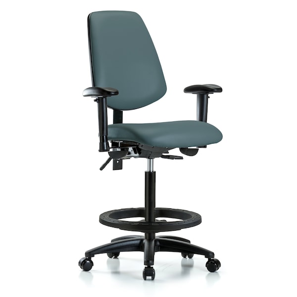 Blue Ridge Ergonomics VHBCH-RG-T1-A1-BF-RG-8546 Rutledge Vinyl Chair - High Bench Height with Seat Tilt, Adjustable Arms, Black Foot Ring, & Stationary Glides in Colonial Blue Trailblazer™ Vinyl