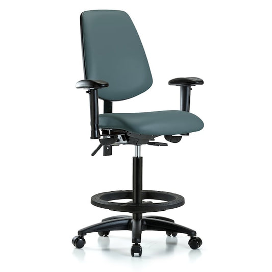 Blue Ridge Ergonomics VHBCH-RG-T1-A1-BF-RG-8546 Rutledge Vinyl Chair - High Bench Height with Seat Tilt, Adjustable Arms, Black Foot Ring, & Stationary Glides in Colonial Blue Trailblazer™ Vinyl