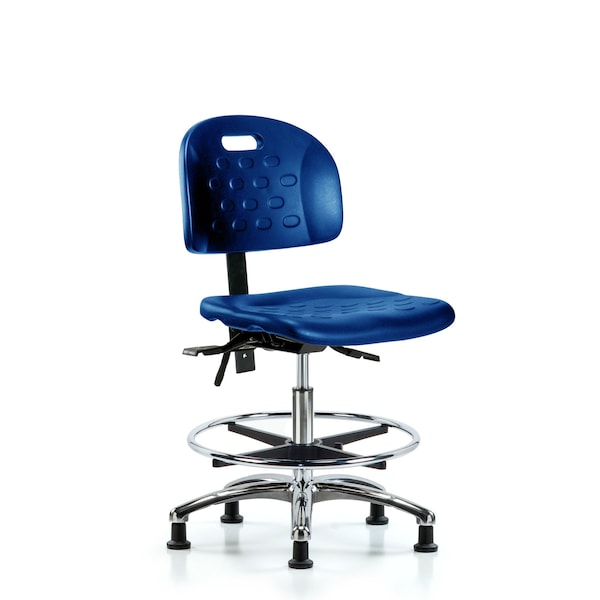 Blue Ridge Ergonomics HPMBCH-CR-T1-A0-CF-RG-BLU Newport Industrial Polyurethane Chair Chrome - Medium Bench Height with Seat Tilt, Chrome Foot Ring, & Stationary Glides in Blue Polyurethane