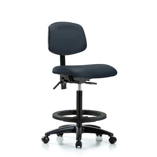 Blue Ridge Ergonomics VHBCH-RG-T0-A0-BF-RC-8582 Rutledge Vinyl Chair - High Bench Height with Black Foot Ring & Casters in Imperial Blue Trailblazer™ Vinyl
