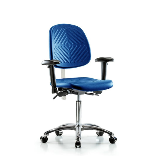 Blue Ridge Ergonomics NCR-PMBCH-MB-CR-T0-A1-NF-RG-BLU Class 100 Polyurethane Clean Room Chair - Medium Bench Height with Medium Back, Adjustable Arms, & Stationary Glides in Blue Polyurethane